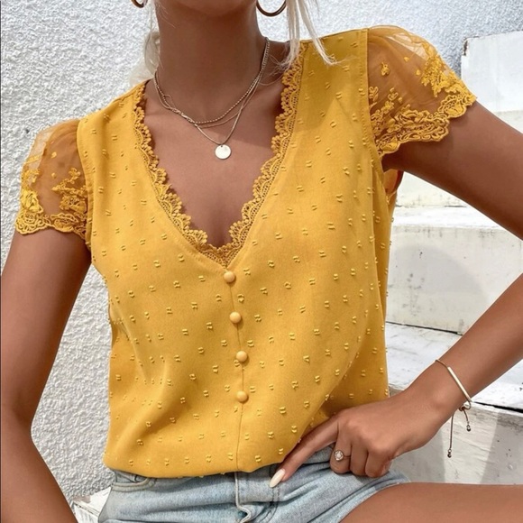 BellanBlue Tops - 019 Boho Swiss Dot puff sleeve Floral Lace Blouse